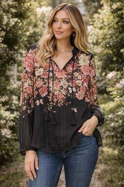 Autres Filles Black Floral Chiffon Tassel Tie Blouse with Metallic Stripes